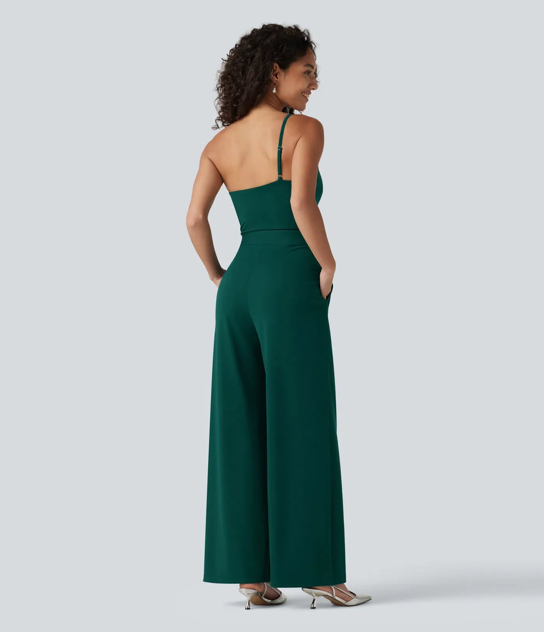 Enaxlad ärmlös bältad inbyggd BH fest jumpsuit med fickor- Easy Peezy