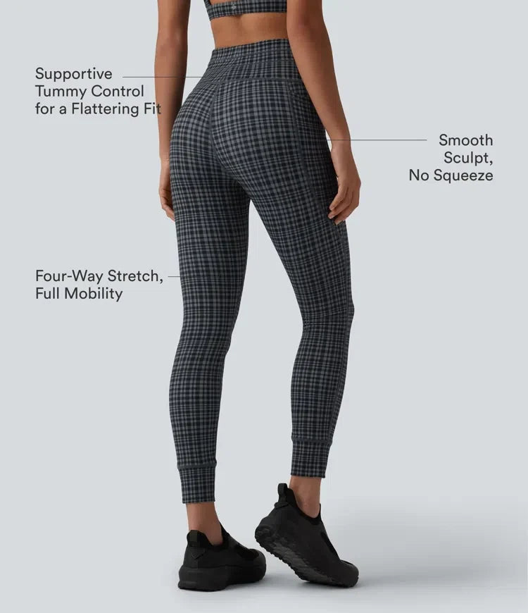 Lyckera UltraSculpt rutig rutig mönster högmidjad dragsko yogaleggings med fickor