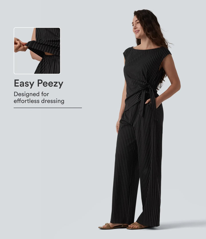 Båtringad ärmlös knytning i sidan sval känsla randig arbetsjumpsuit med fickor-Easy Peezy Edition