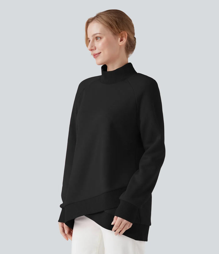 Halvpolo lång raglanärm crossover-fåll fleece vardaglig sweatshirt