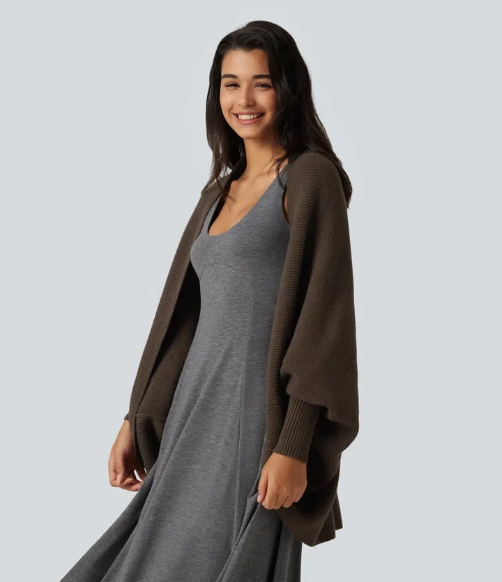 Öppen front nedhasad lång fladdermusärm vardaglig cardigan