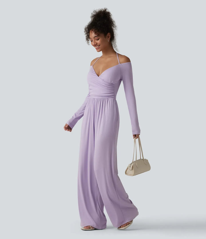 Ribbad halterneck knytband i ryggen bara axlar inbyggd bh långärmad jumpsuit för vardag med fickor