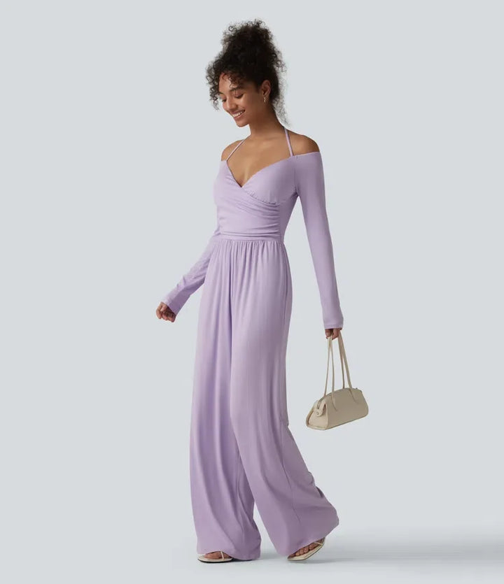 Ribbad halterneck knytband i ryggen bara axlar inbyggd bh långärmad jumpsuit för vardag med fickor