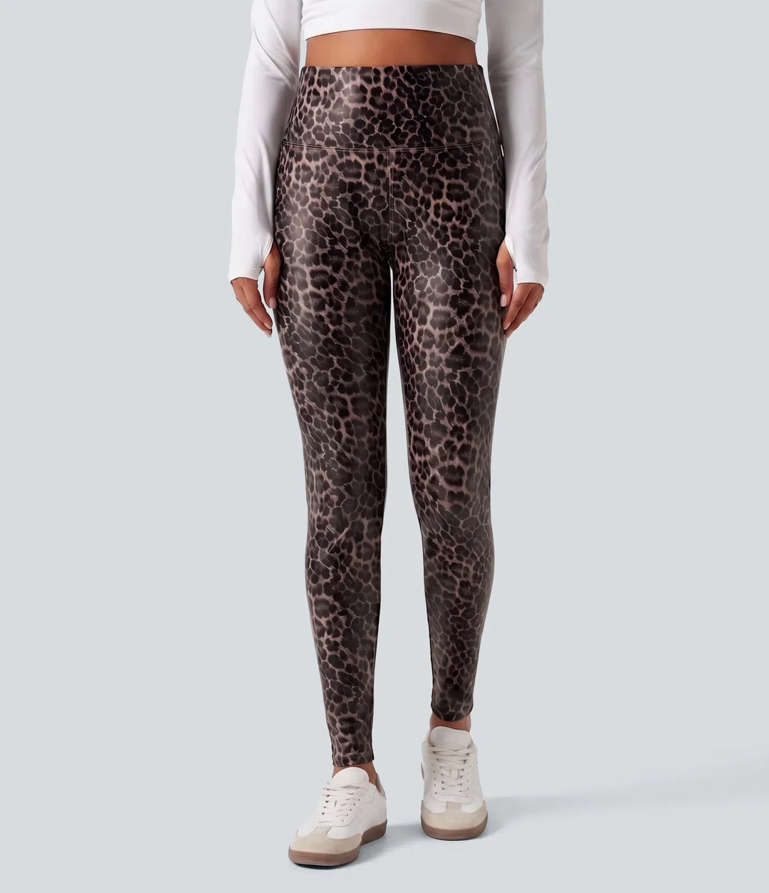 Med hög midja och magkontroll stretchig PU leopardmönstrad smal vardagsleggings med fickor