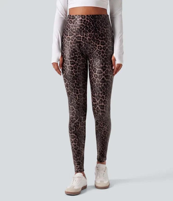 Med hög midja och magkontroll stretchig PU leopardmönstrad smal vardagsleggings med fickor