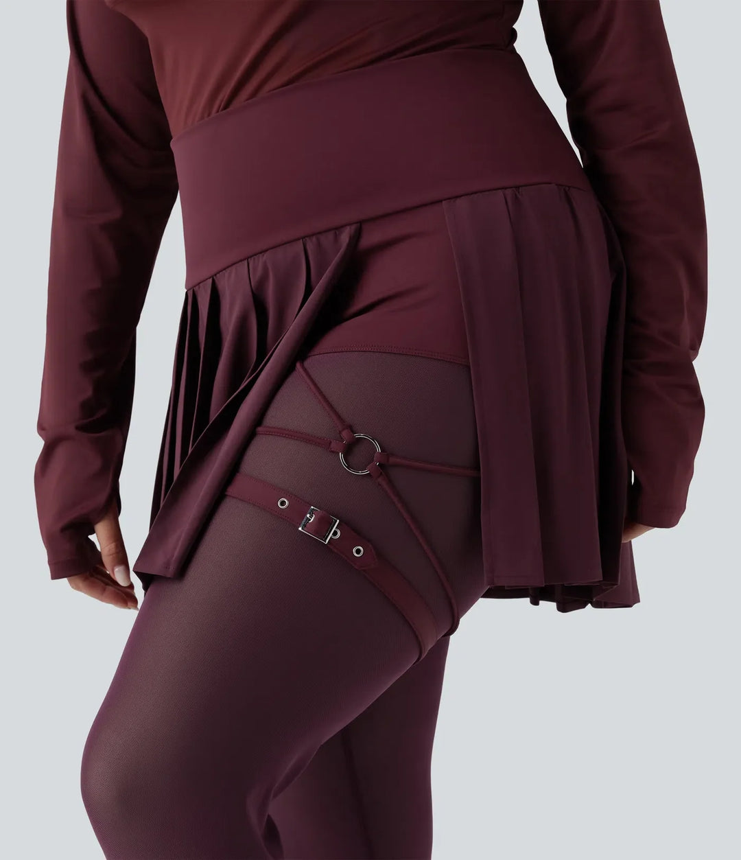 Breezeful med hög midja plisserad 2-i-1 kontrastmesh snabbtorkande dans plusstorlek stigbygel leggings med kjol med fickor