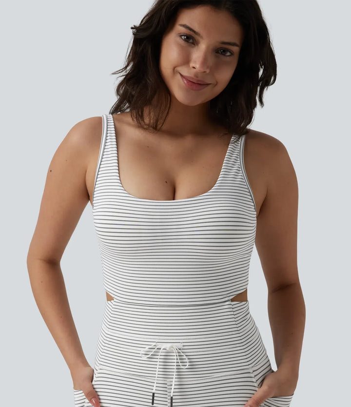 U-ringad skuren-ut dragsko magkontroll randig yoga jumpsuit med fickor-Easy Peezy Edition