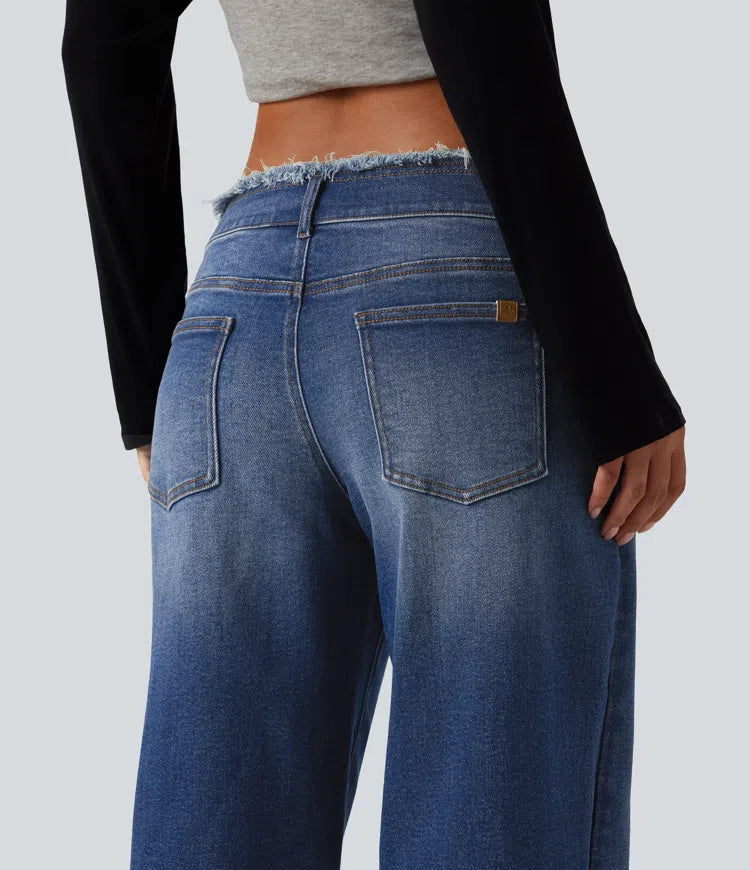 Med låg midja rå fåll vida ben vardagsjeans med fickor
