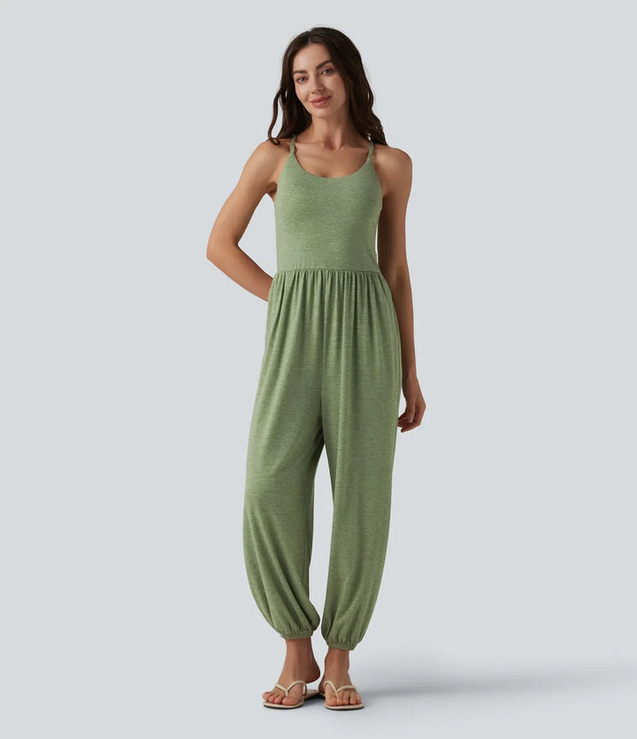 Korsad rygglös ärmlös inbyggd BH melerad vardaglig jumpsuit med fickor-Easy Peezy