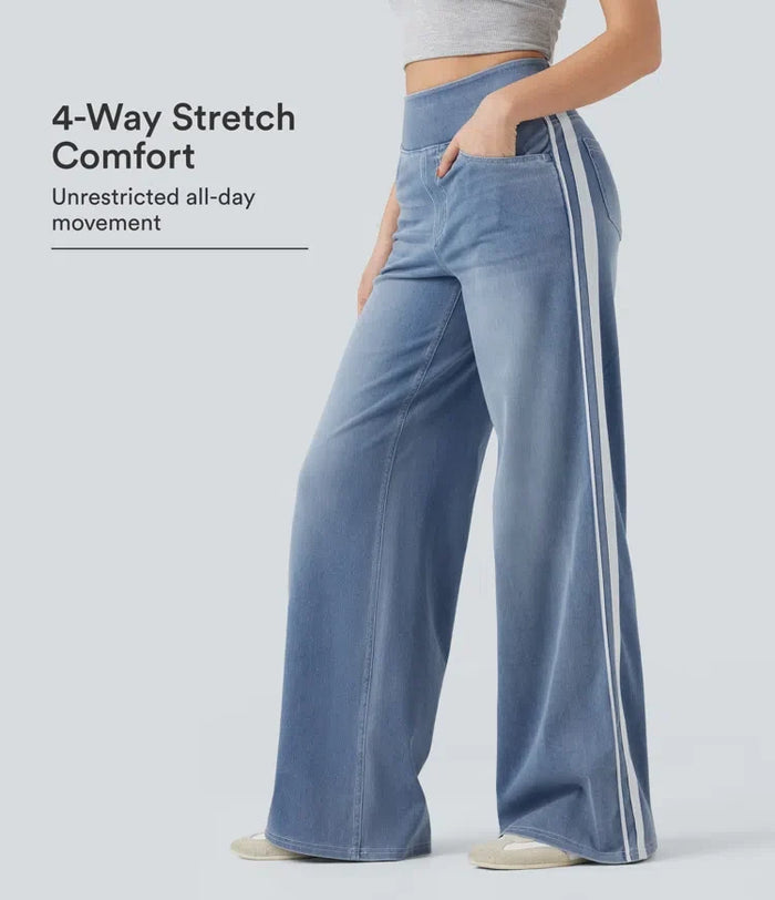 Lyckera Flex högmidjad randig vida ben fallande tvättad vardagsjeans med fickor