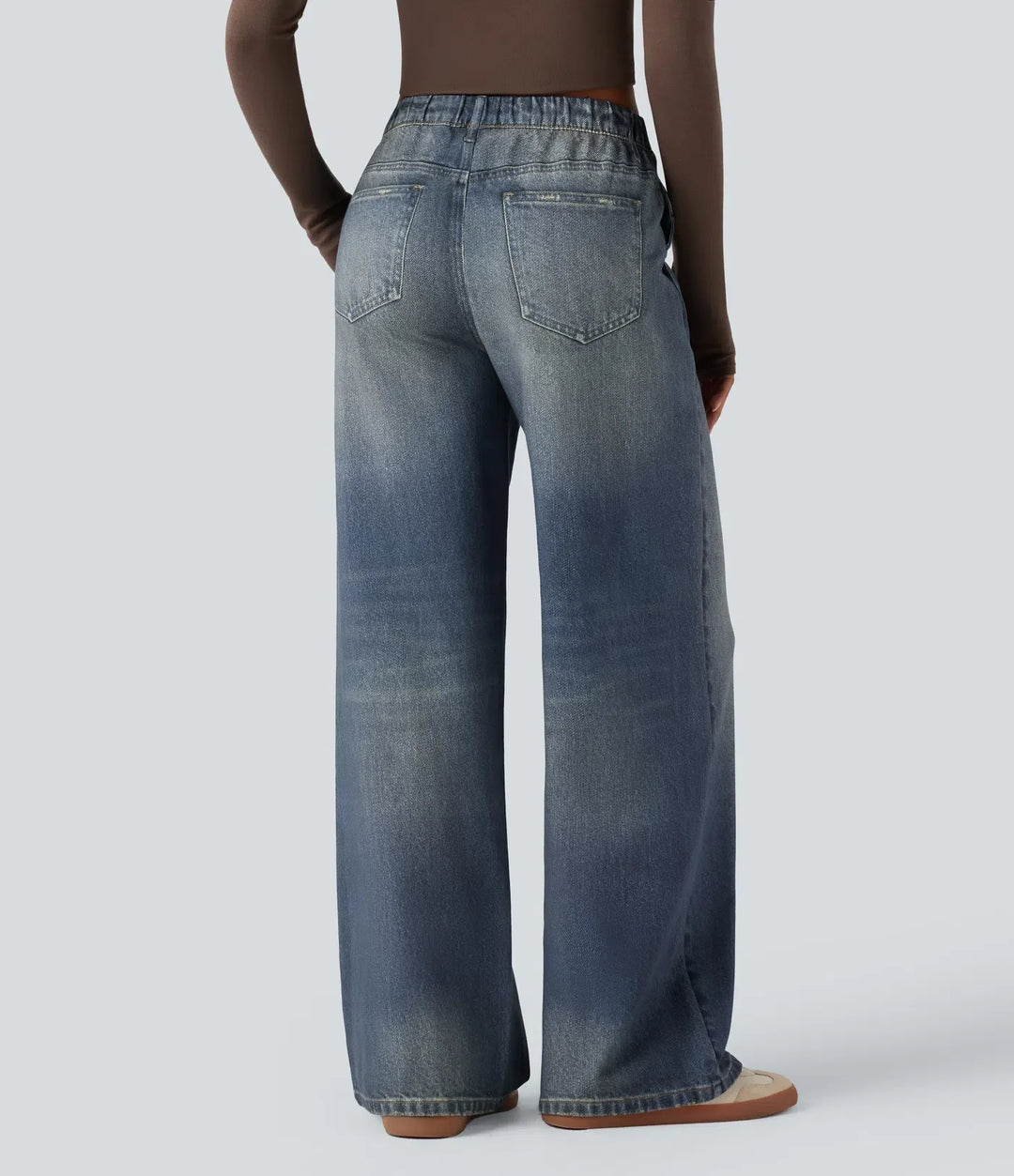 Med medelhög midja denim tryck French terry för vardag mjukisbyxor jeans med fickor