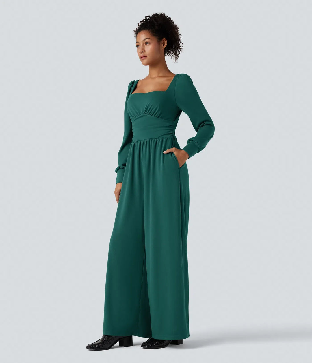 Fyrkantig halsringning långärmad arbetsjumpsuit med fickor-Easy Peezy Edition