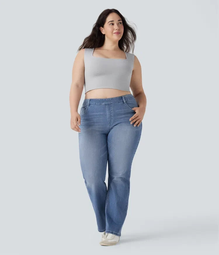 Plusstorlek Halara Flex med hög midja tvättad för vardag bootcut jeans med fickor