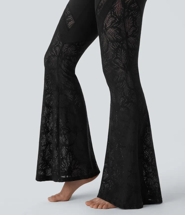 SoftlyZero med hög midja, omlottmidja och ficka kontrastspets utsvängd yogaleggings
