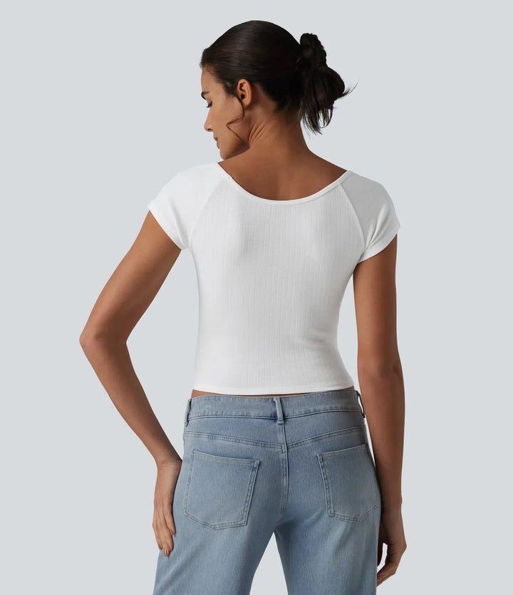 V-ringning kortärmad rynklad T-shirt för vardag