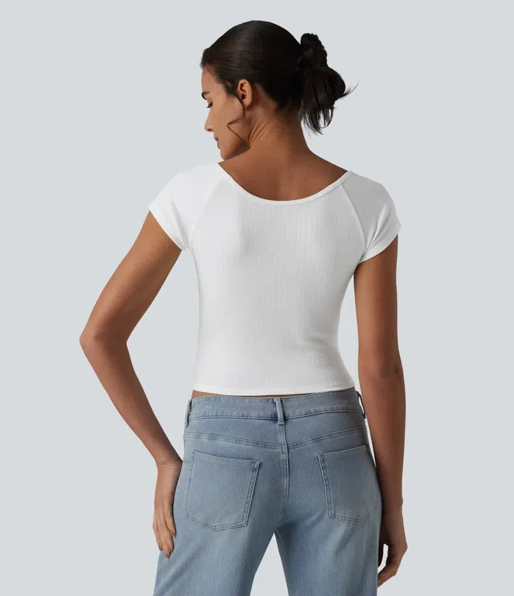 V-ringning kortärmad rynklad T-shirt för vardag