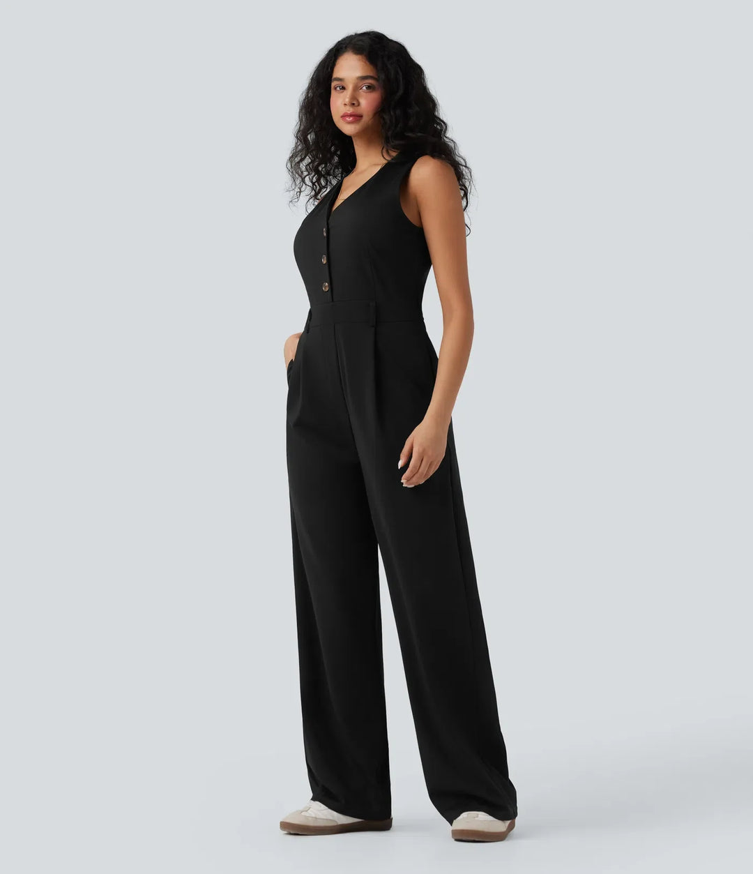 V-ringad ärmlös vardaglig väst jumpsuit med fickor-Easy Peezy
