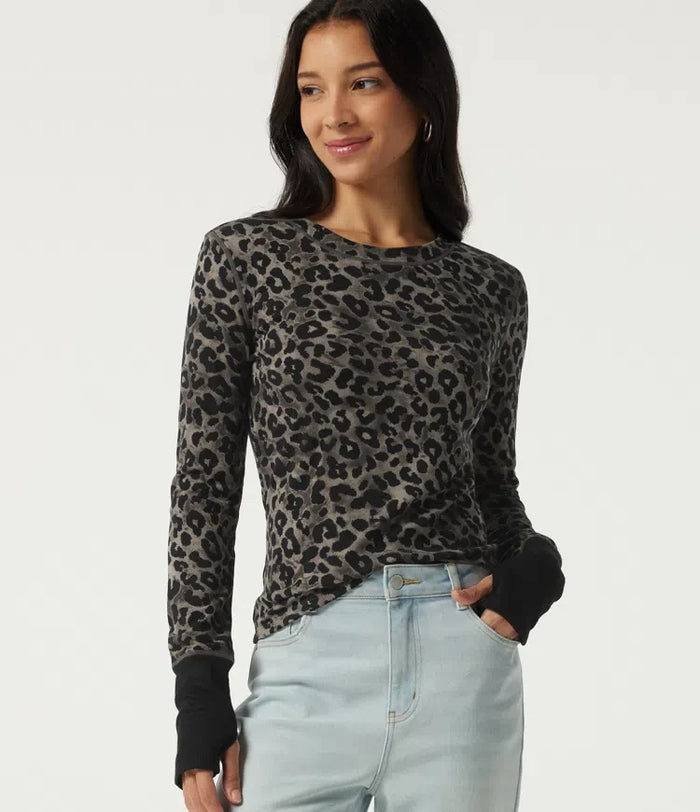 Rund hals leopardmönster långärmad vardaglig T-shirt med tumhål
