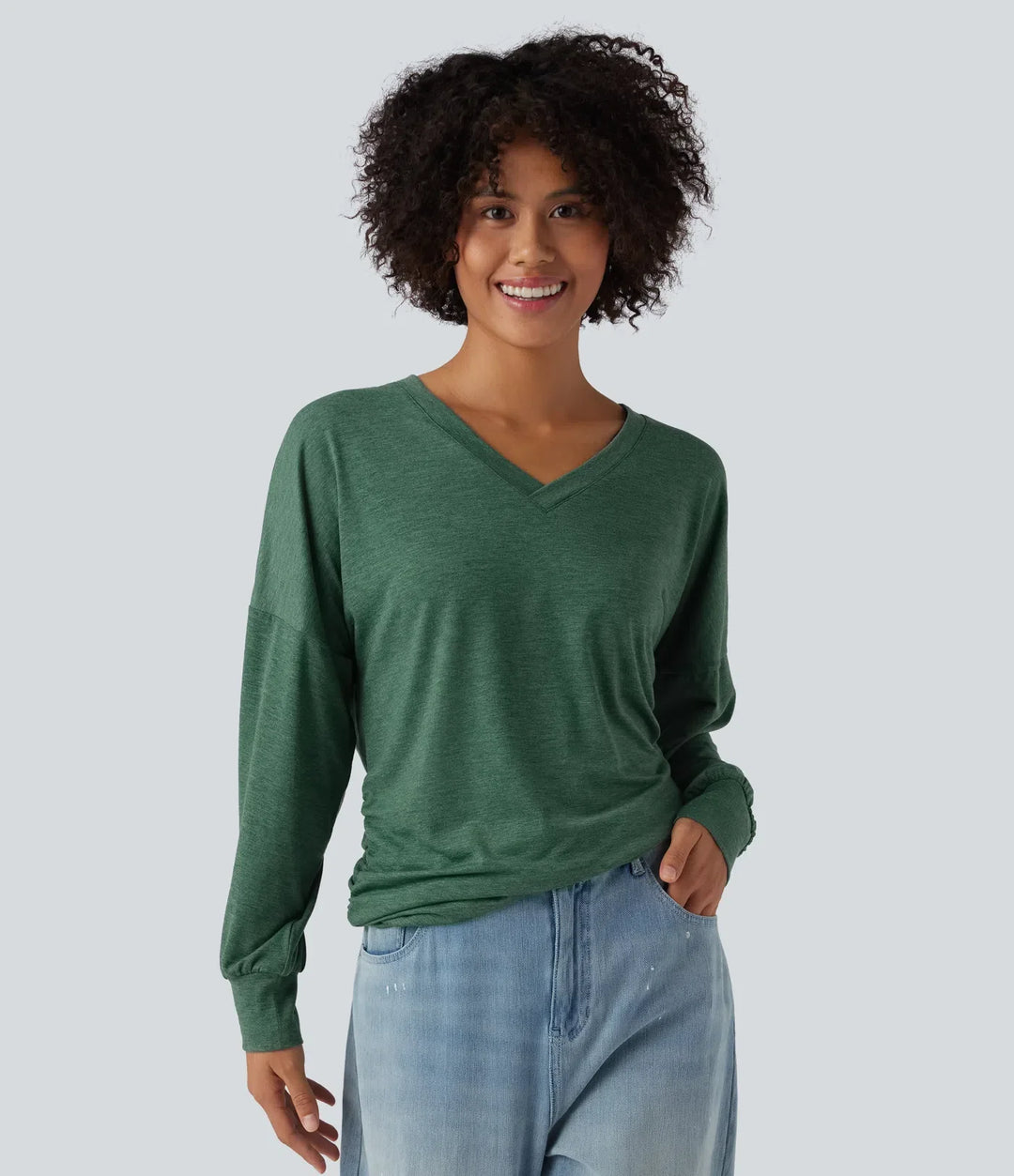 V-ringad långärmad rynkat avslappnad vardaglig T-shirt