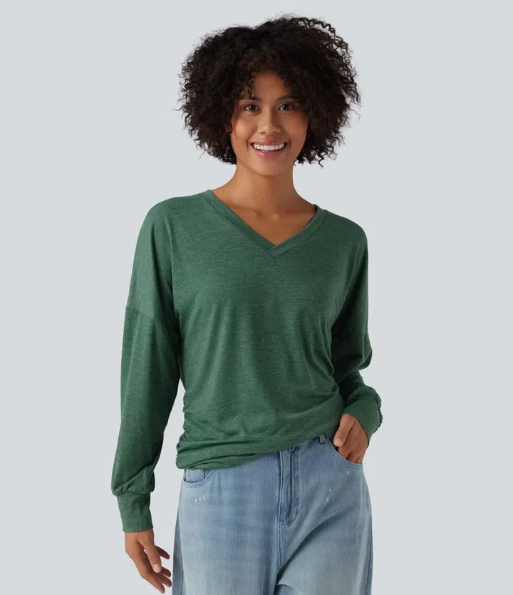V-ringning långärmad rynklad avslappnad T-shirt för vardag