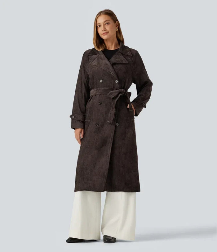 Långärmad bältad lång modell arbetsjacka med fickor