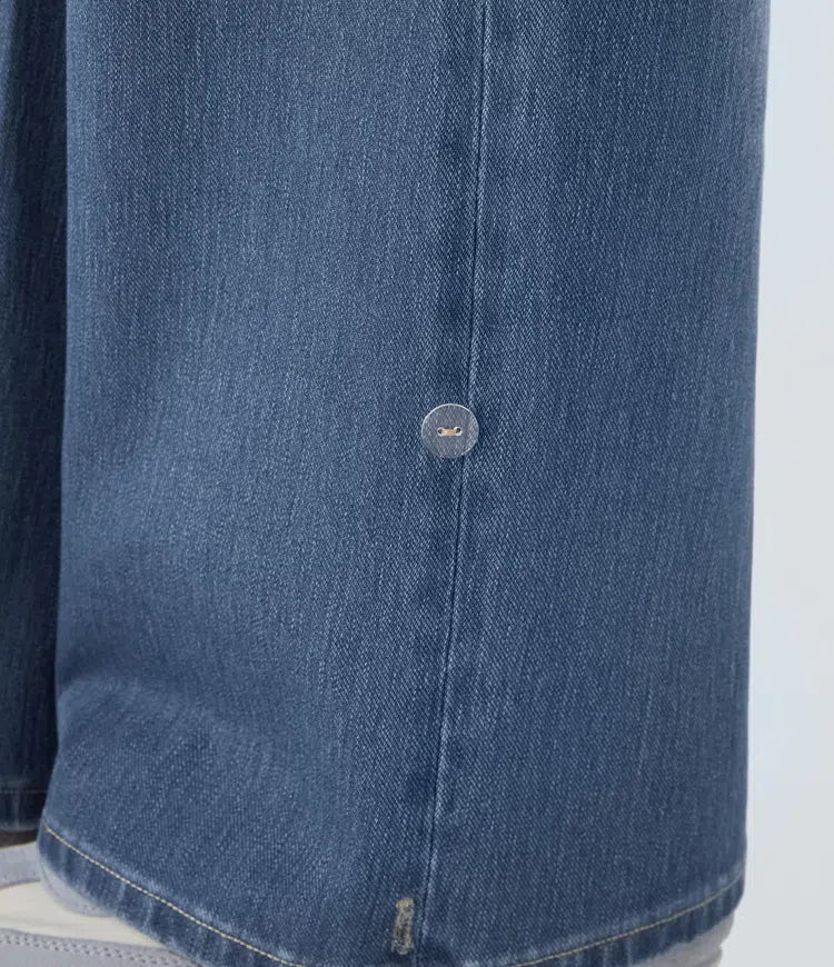 Lyckera Flex högmidjad fickor justerbar fåll vida ben tvättad vardagsjeans
