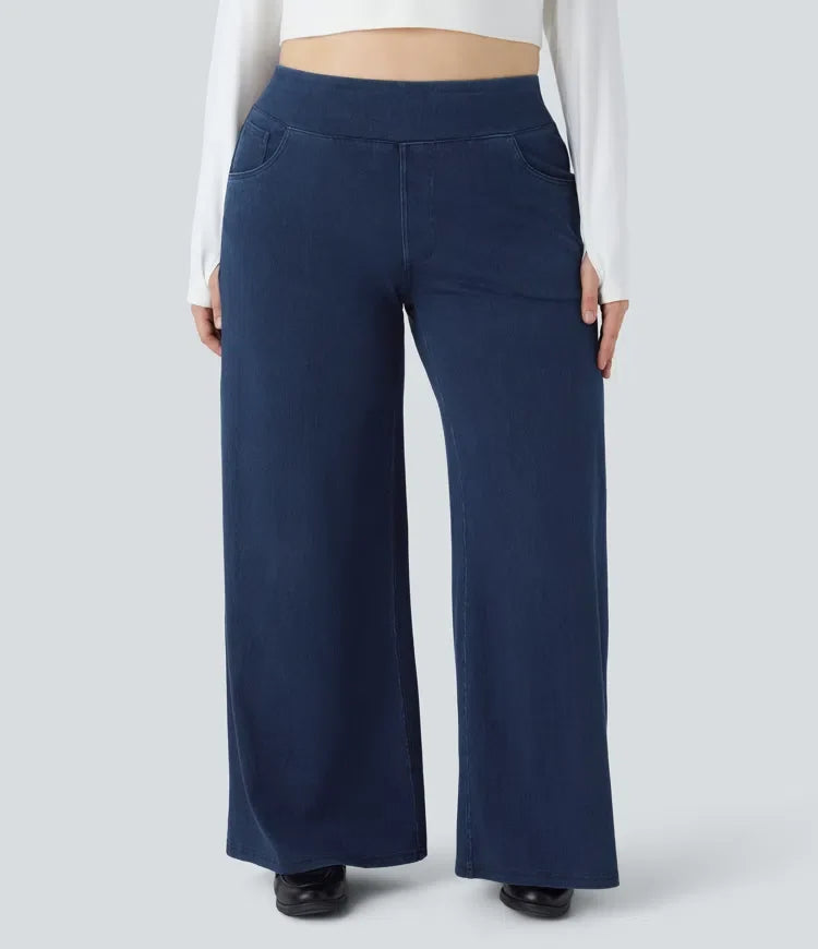 Halara Flex med hög midja och fickor baggy vida ben lös vardagsjeans i plusstorlek