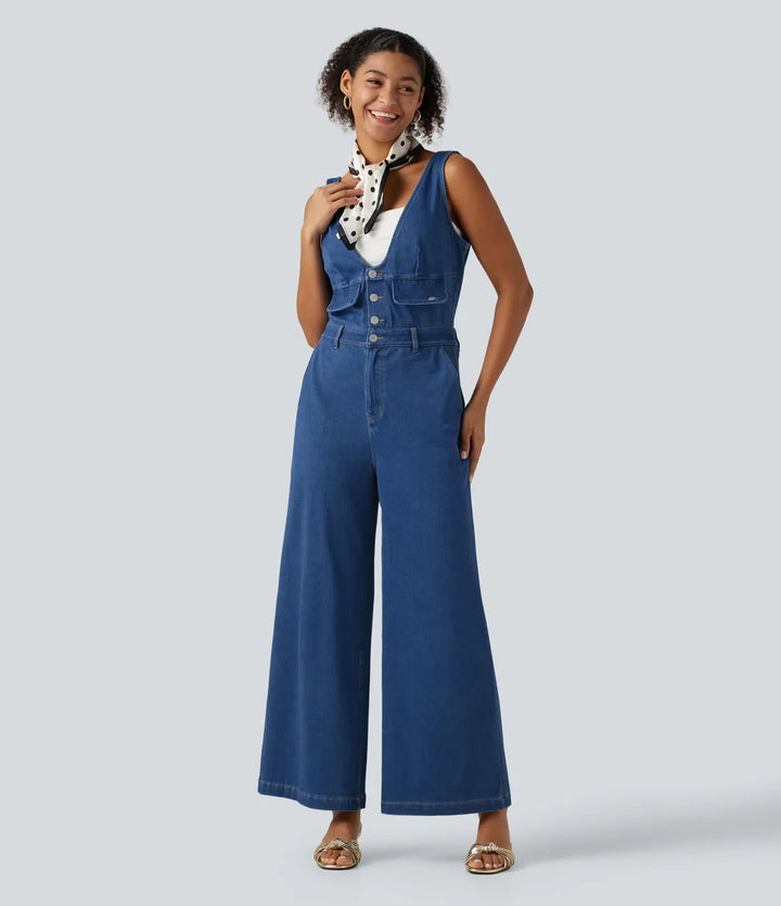 Lyckera Flex V-ringad vida ben denim vardaglig jumpsuit med fickor