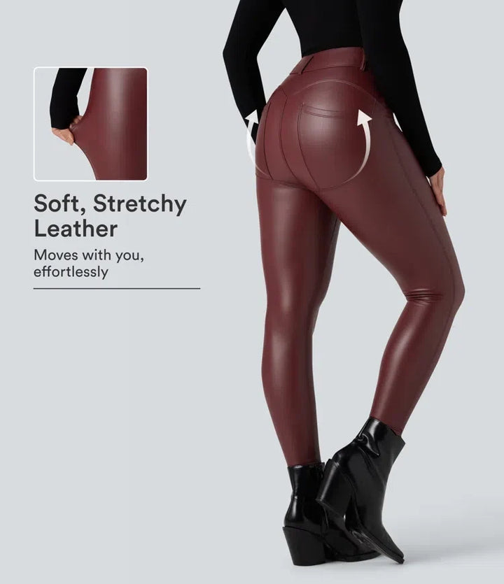 Med hög midja stretchig PU fleece vardagsleggings med fickor