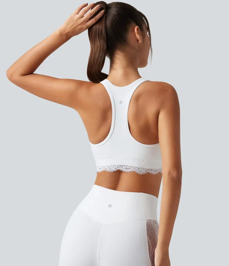 Halara UltraSculpt lätt stöd V-ringning inbyggd bh brottarrygg kontrastspets träning sport-bh