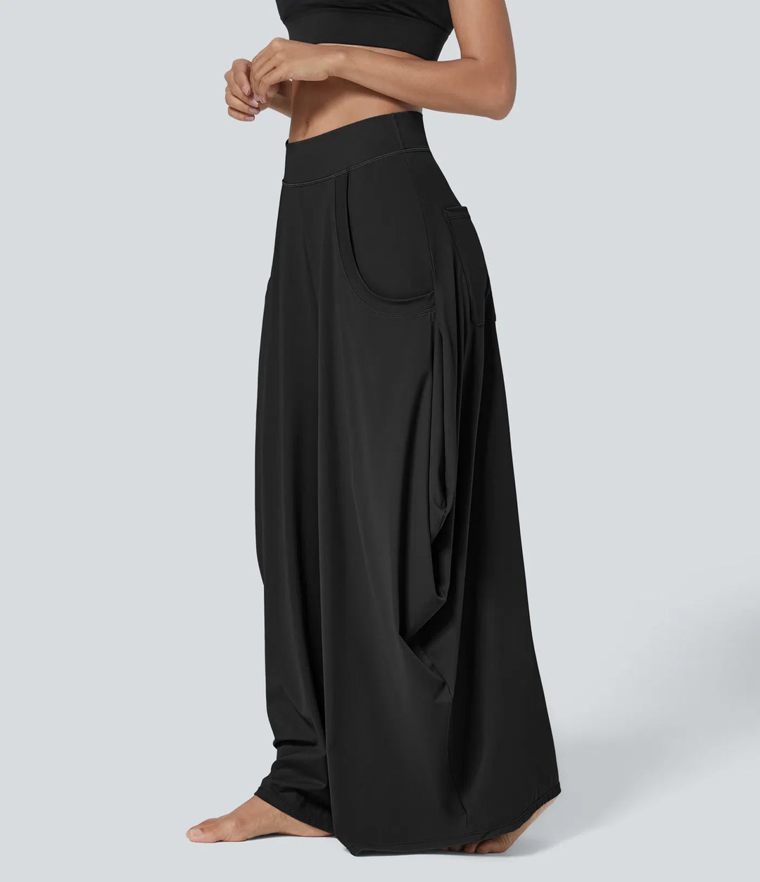 Med medelhög midja fickor draperad vida ben baggy vardagsbyxor