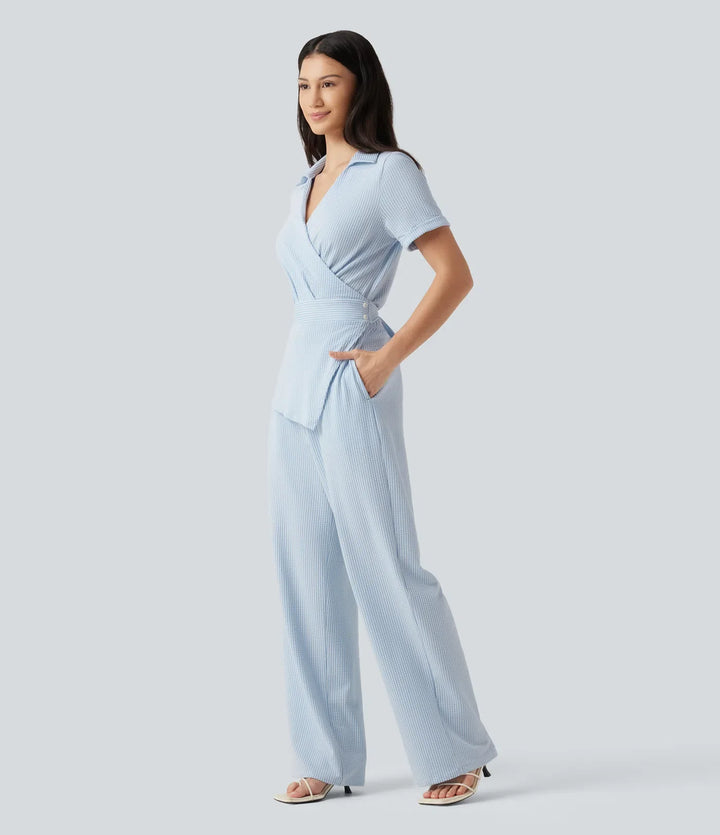 Kortärmad omlott knytning i ryggen randig skrynklad bomull vardaglig skjorta jumpsuit med fickor-Easy Peezy Edition