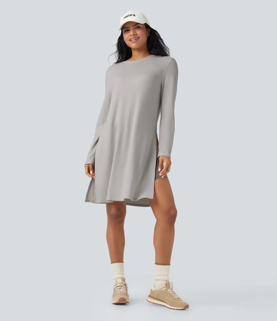 Rund hals långärmad lång modell våffelstruktur stickad vardaglig sweatshirt