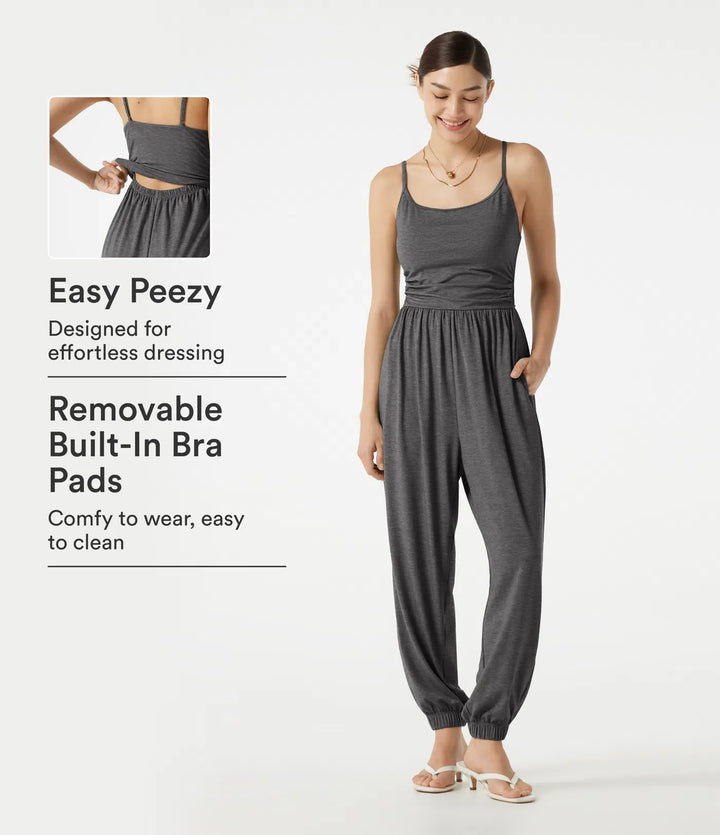 Justerbara axelband rynkat inbyggd BH melerad vardaglig jogger jumpsuit med fickor-Easy Peezy