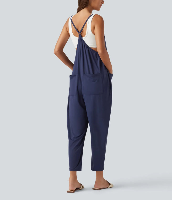 Fyrkantig halsringning avsmalnande vardaglig mamma jumpsuit med fickor