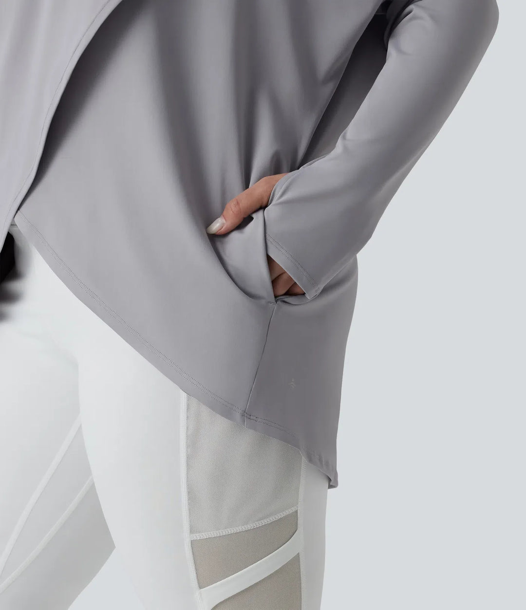 Plusstorlek med huva draperad halsringning långärmad tumhål sporttopp för yoga med fickor