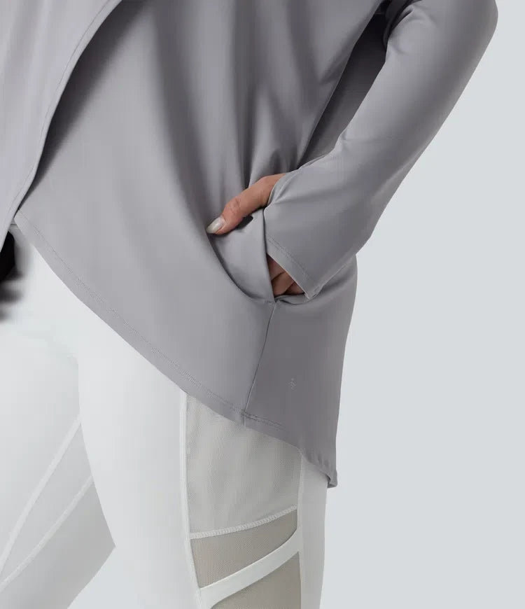 Plusstorlek med huva draperad halsringning långärmad tumhål sporttopp för yoga med fickor