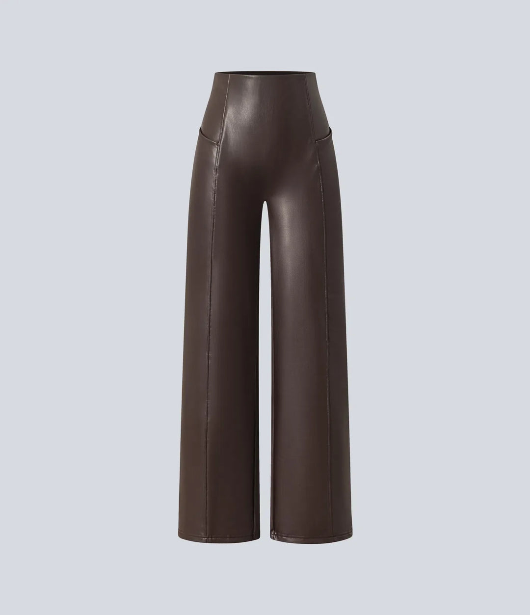 Högmidjad magkontroll stretchig PU fleece vardaglig utsvängda byxor med fickor