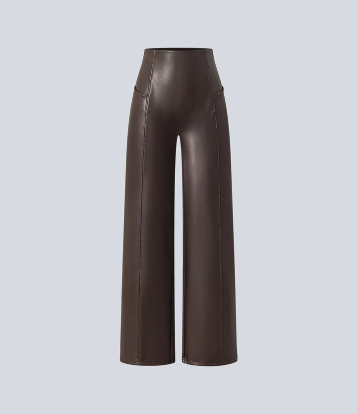 Högmidjad magkontroll stretchig PU fleece vardaglig utsvängda byxor med fickor