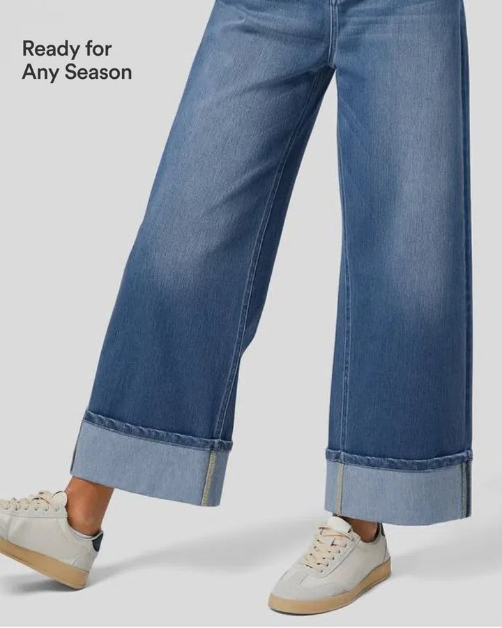 Lyckera Flex högmidjad fickor upprullad fåll vida ben tvättad vardagsjeans