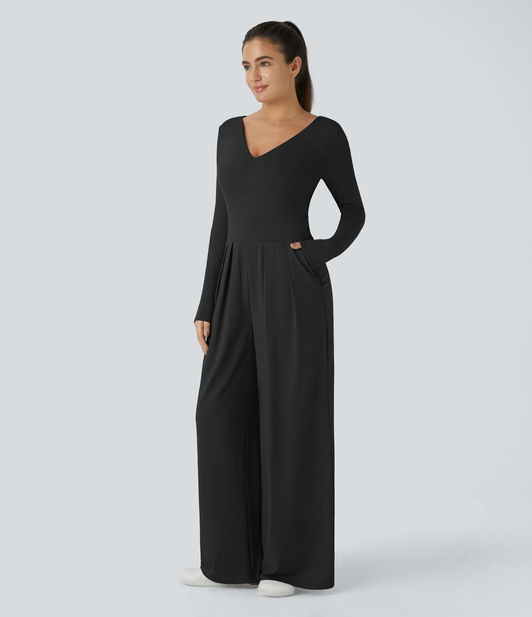 V-ringad långärmad ficka vida ben vardaglig jumpsuit