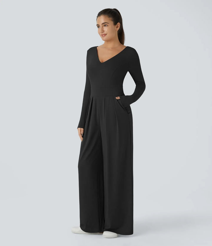 V-ringad långärmad ficka vida ben vardaglig jumpsuit