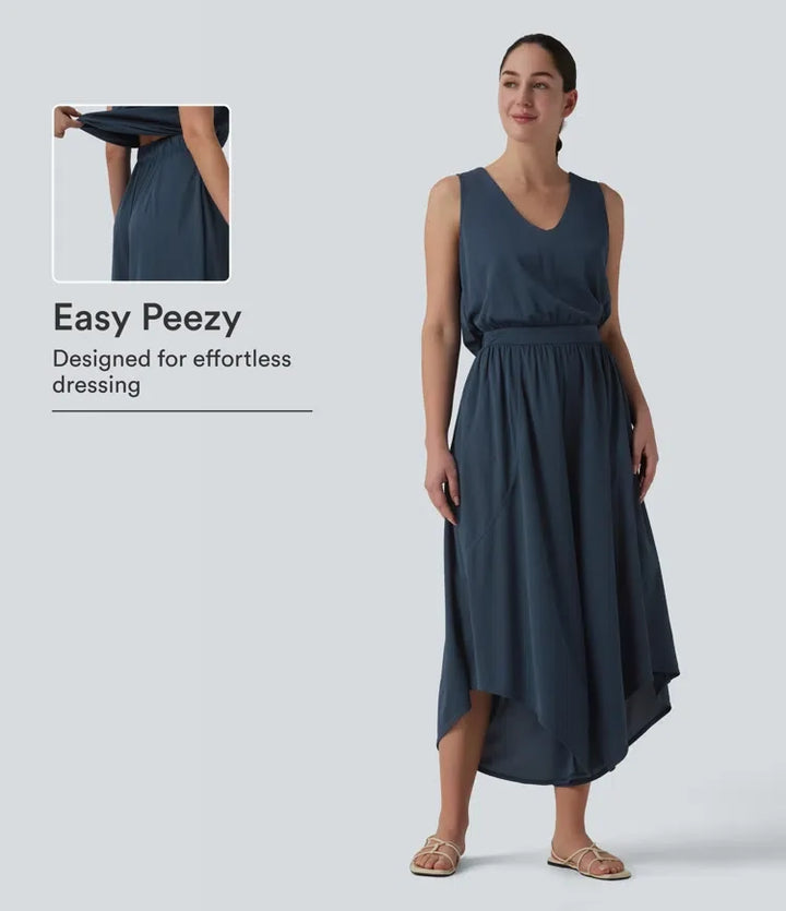V-ringad fallande våffelstruktur vardaglig jumpsuit med fickor-Easy Peezy Edition