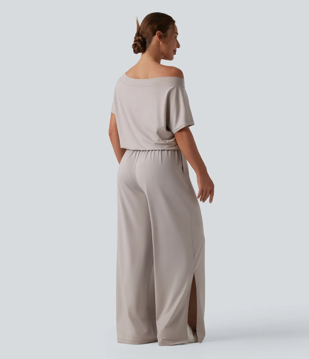 Enaxlad kortärmad slits fåll vardaglig jumpsuit med fickor-Easy Peezy