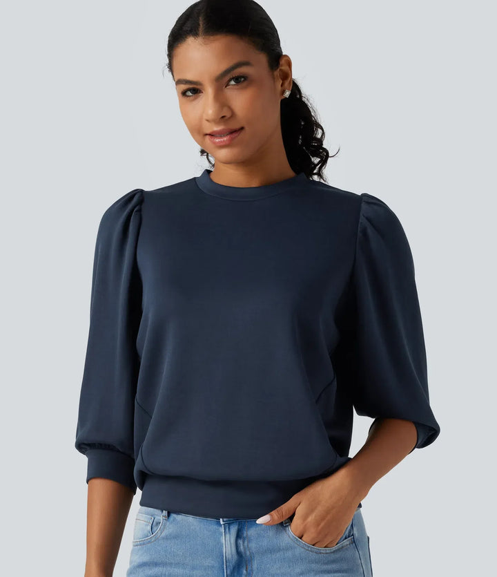 Rund hals puff 3/4 ärm vardaglig sweatshirt