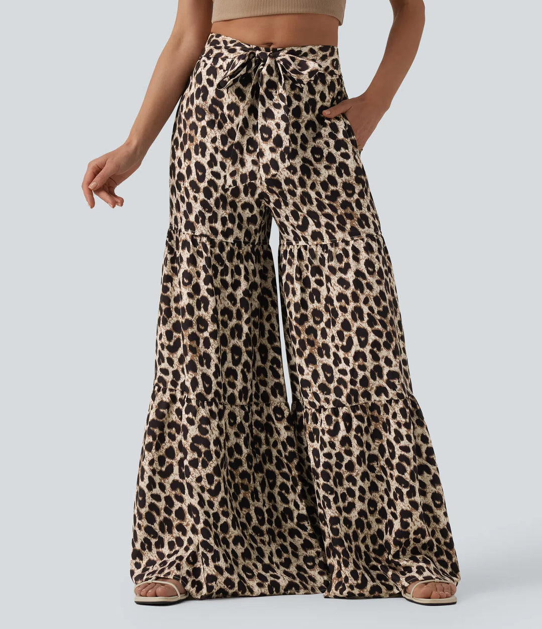 Medelhög midja knytning fram baggy leopardmönster vardagsbyxor med fickor
