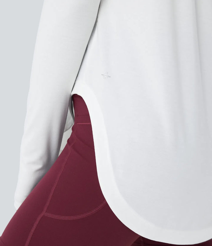 Enaxlad långärmad tumhål rundad fåll hög-låg snabbtorkande yogasporttopp