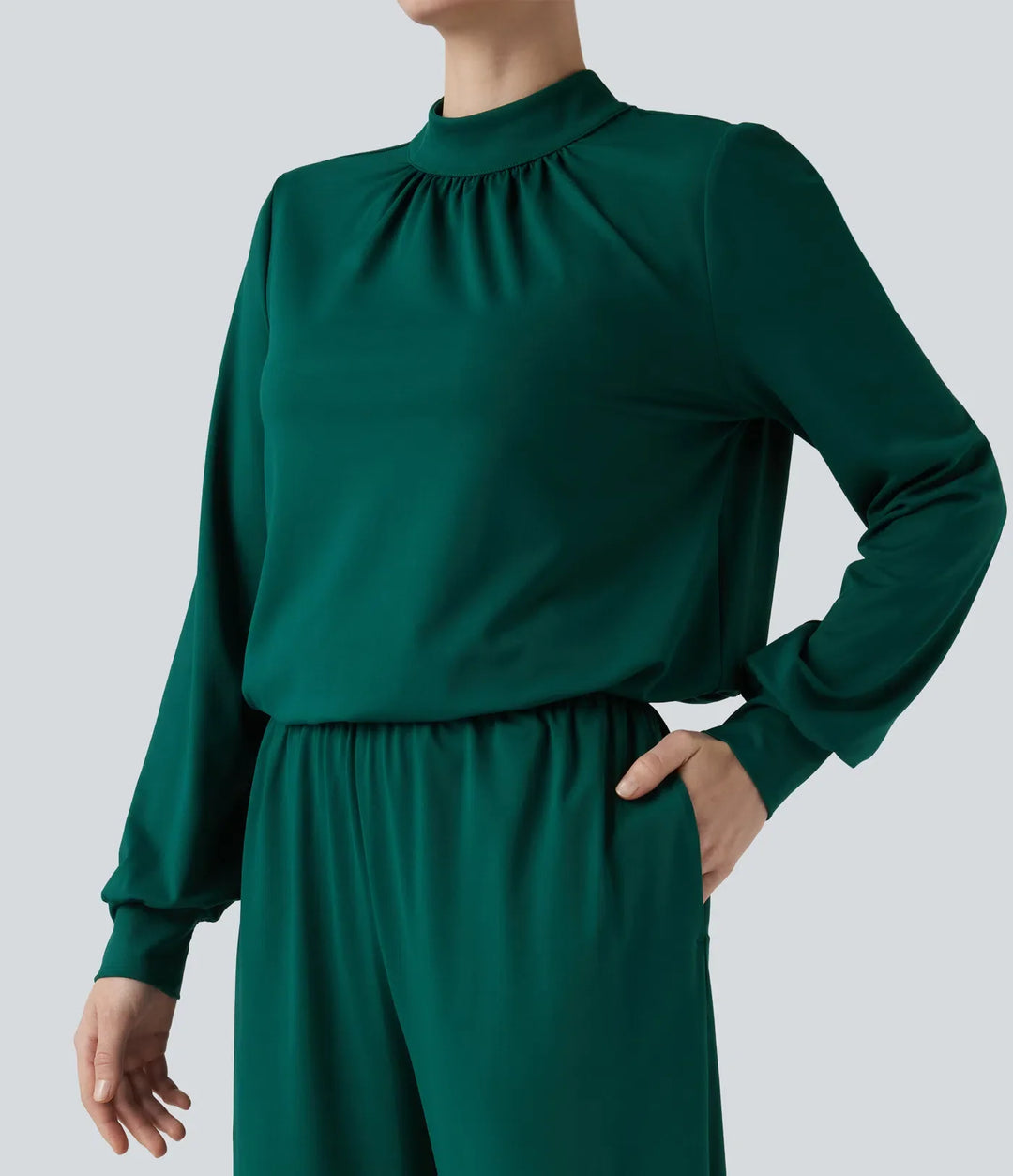 Halvpolo nyckelhålsrygg långärmad vida ben arbetsjumpsuit med fickor