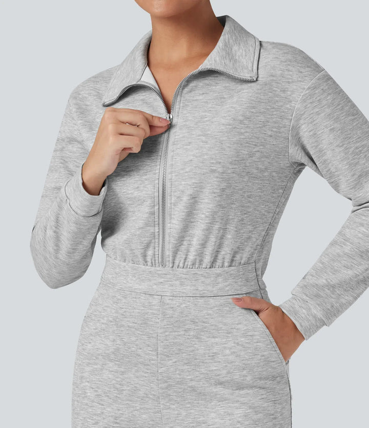 Slagkrage dragkedja långärmad vardaglig jumpsuit med fickor-Easy Peezy