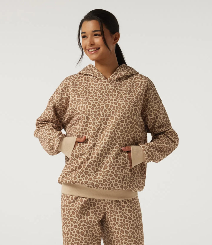 Med huva långärmad leopardmönster vardaglig sweatshirt med ficka